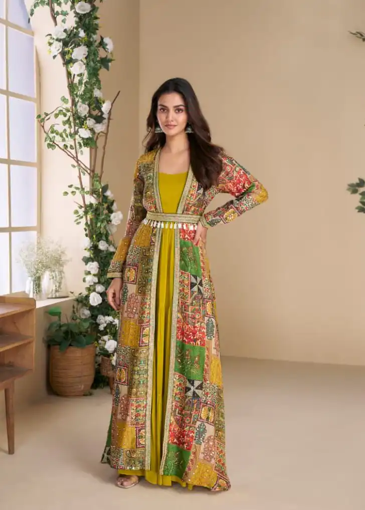 Mustard Blooming Georgette Mirror Work Embroider Kurti