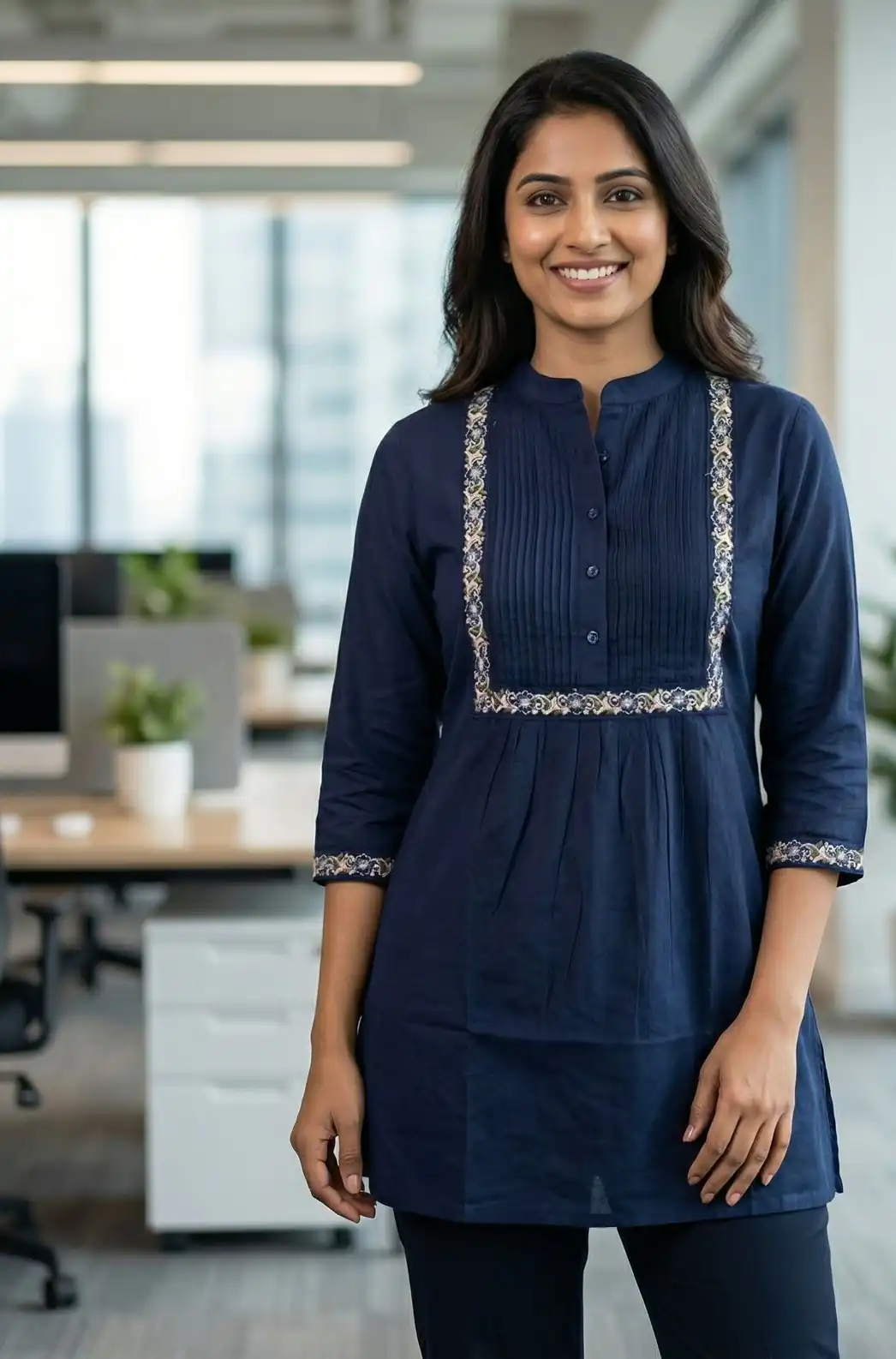 Navy Blue Rayon Multi Embroidery Work Kurti