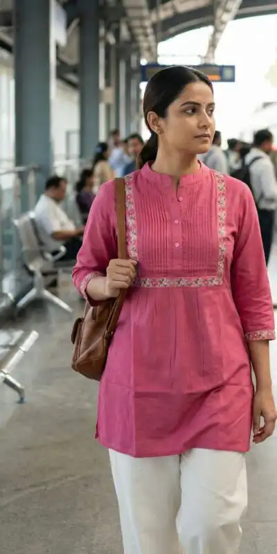 Peach Rayon Multi Embroidery Work Kurti