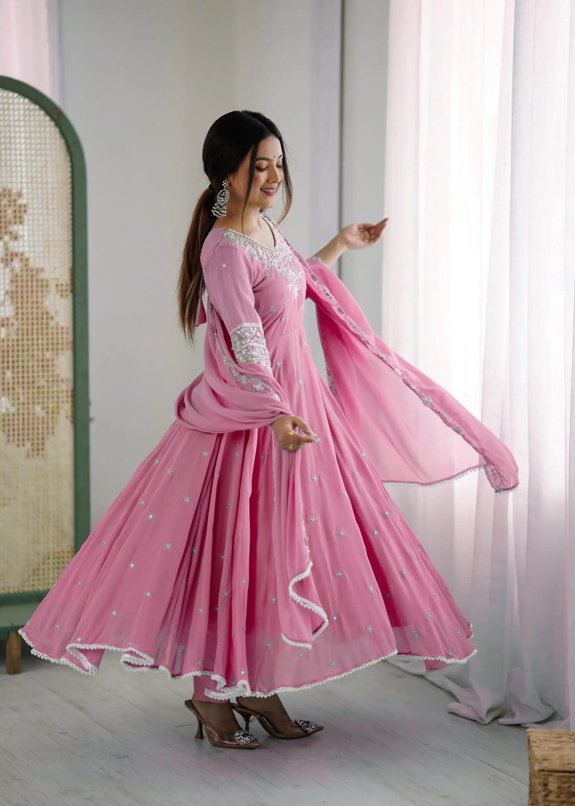 Pink Blooming Faux Embroidery Work Gown - Image 2