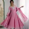 Pink Blooming Faux Embroidery Work Gown