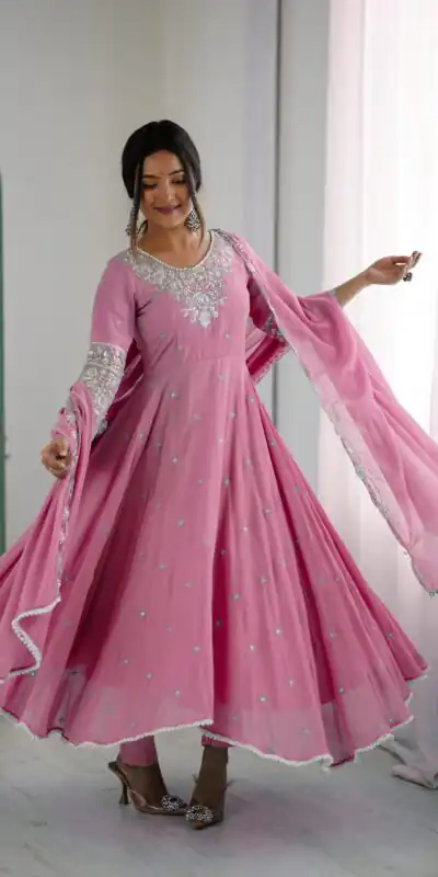 Pink Blooming Faux Embroidery Work Gown