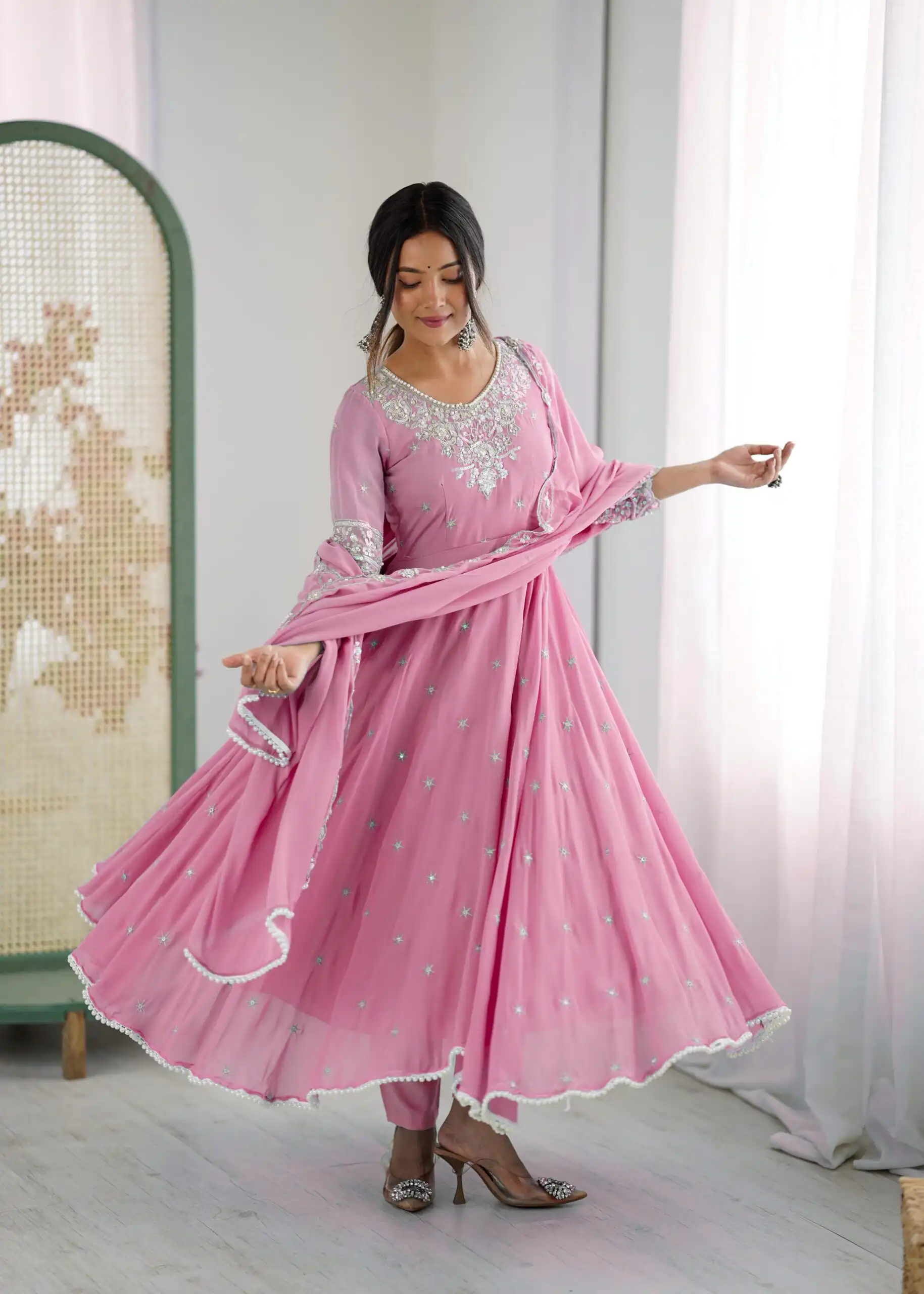 Pink Blooming Faux Embroidery Work Gown - Image 9