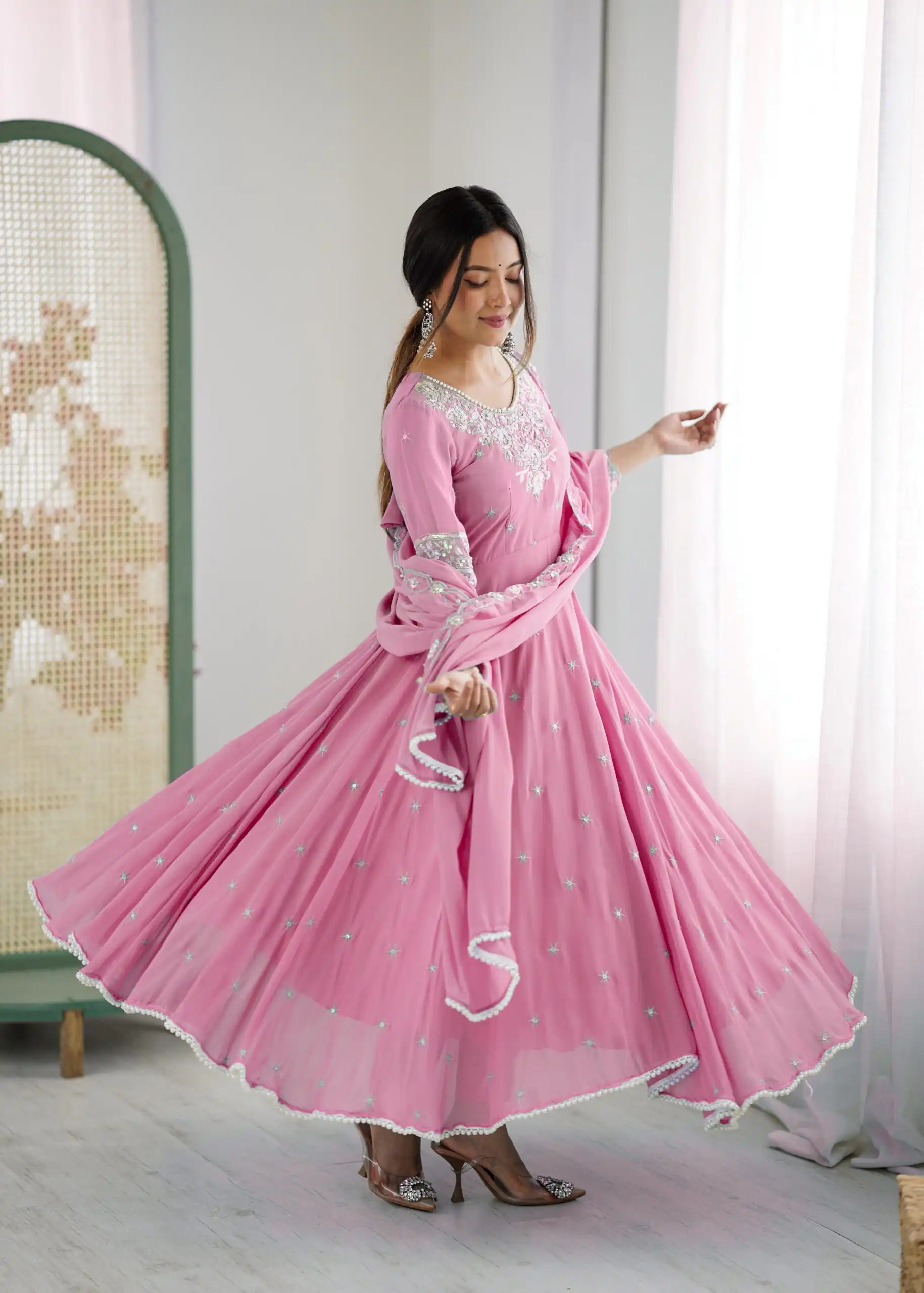 Pink Blooming Faux Embroidery Work Gown - Image 6