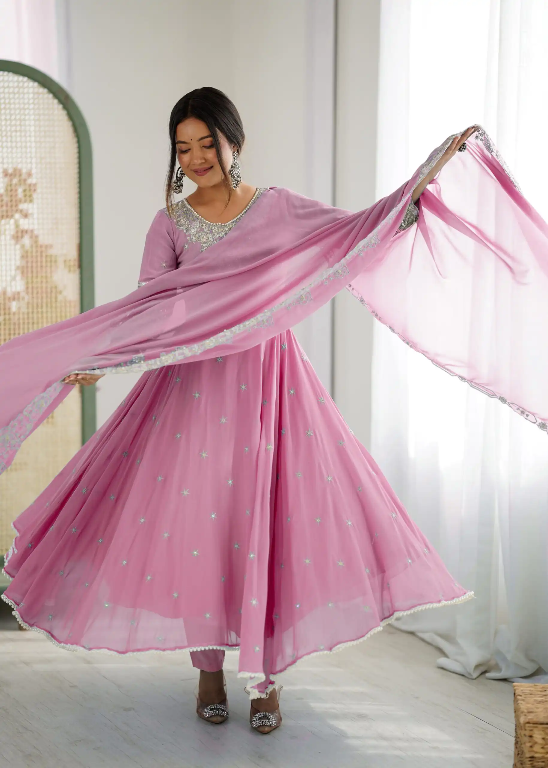 Pink Blooming Faux Embroidery Work Gown - Image 5