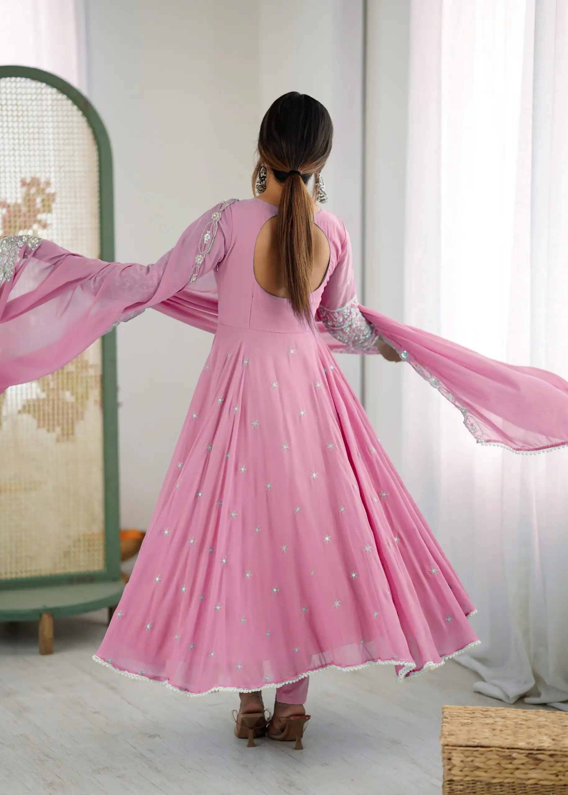 Pink Blooming Faux Embroidery Work Gown - Image 4