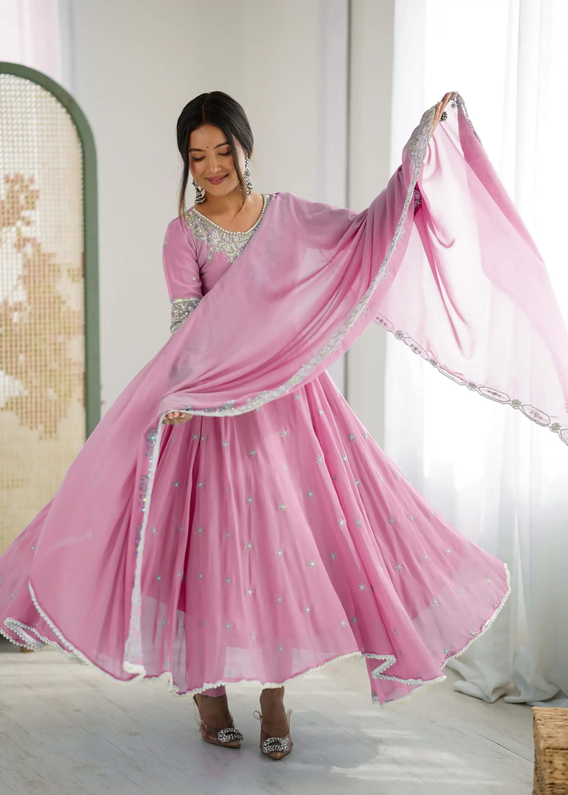 Pink Blooming Faux Embroidery Work Gown - Image 3