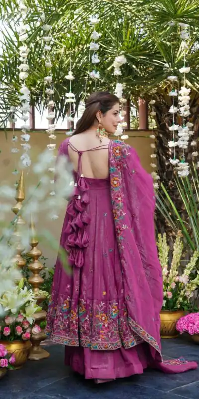 NSR 880 Purple Crunchy Silk Gown with Embroidery Work. Wedding, Party, Festive, Events Grab it for ₹2249. Delivery 4-6 Working Days. Shop now. | Gowns, Bollywood Gowns, Creative Gowns, Designer Gowns, Embroidered Gowns, Party Wear Gowns
