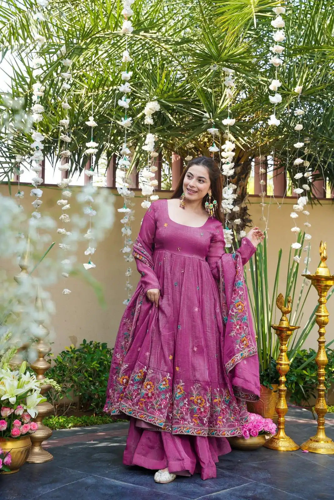 NSR 880 Purple Crunchy Silk Gown with Embroidery Work. Wedding, Party, Festive, Events Grab it for ₹2249. Delivery 4-6 Working Days. Shop now. | Gowns, Bollywood Gowns, Creative Gowns, Designer Gowns, Embroidered Gowns, Party Wear Gowns