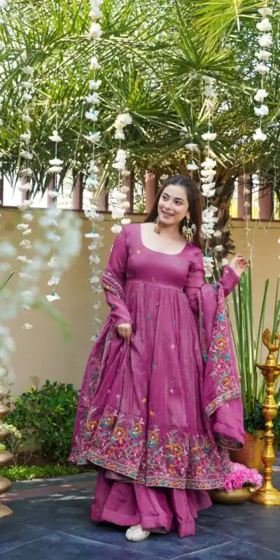 NSR 880 Purple Crunchy Silk Gown with Embroidery Work. Wedding, Party, Festive, Events Grab it for ₹2249. Delivery 4-6 Working Days. Shop now. | Gowns, Bollywood Gowns, Creative Gowns, Designer Gowns, Embroidered Gowns, Party Wear Gowns