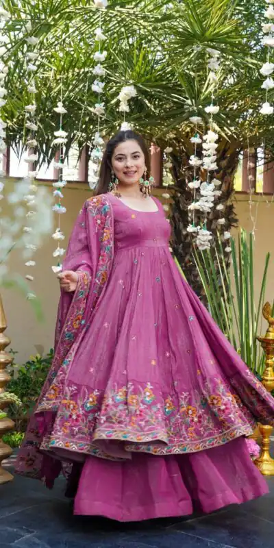 NSR 880 Purple Crunchy Silk Gown with Embroidery Work. Wedding, Party, Festive, Events Grab it for ₹2249. Delivery 4-6 Working Days. Shop now. | Gowns, Bollywood Gowns, Creative Gowns, Designer Gowns, Embroidered Gowns, Party Wear Gowns