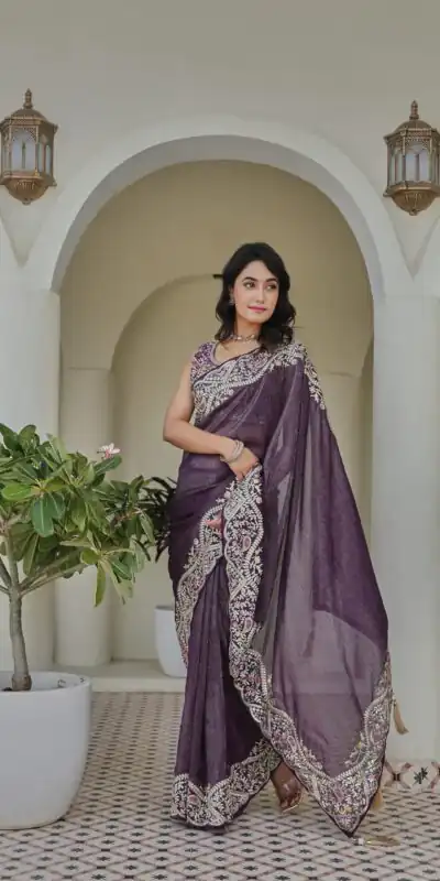 Purple Silver Crunchy Embroidery Work Saree
