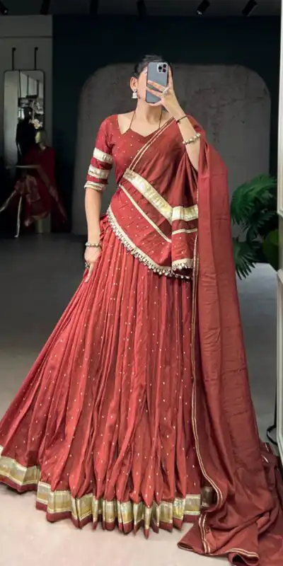 Rust Chanderi Lace Zari Work Lehenga Choli