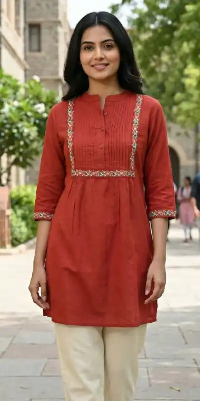 Rust Rayon Multi Embroidery Work Kurti