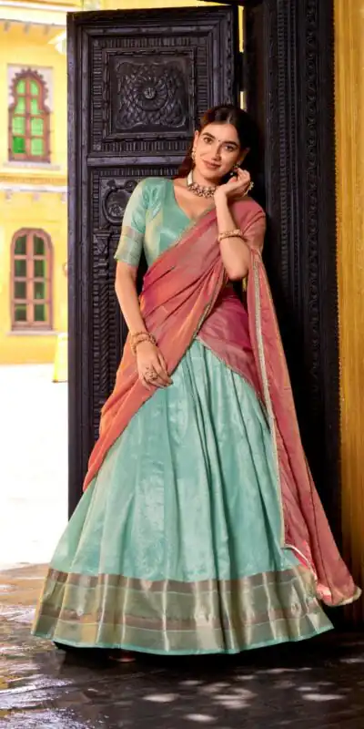 Sky Blue Dupion Silk Lace Zari Work Lehenga Choli
