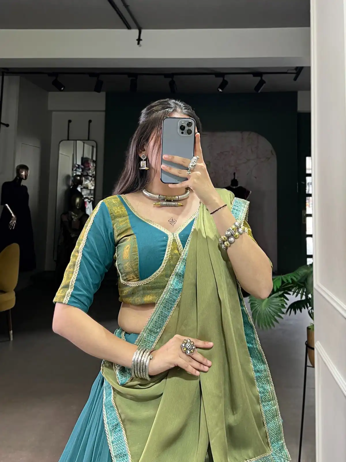 Teal Pure Rayon Zari Lace Work Lehenga Choli - Image 5