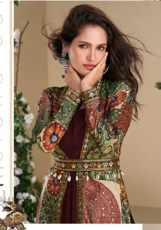 Wine Blooming Georgette Mirror Work Embroider Kurti - Image 2