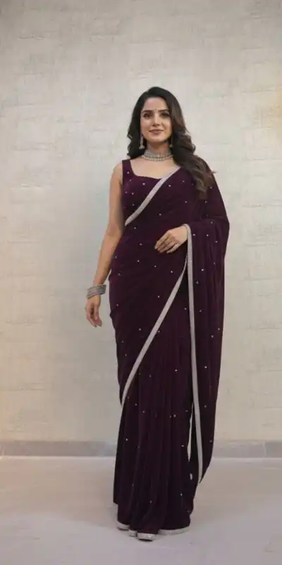 Wine Velvet 9000 Revert Machine Pearl Work Saree