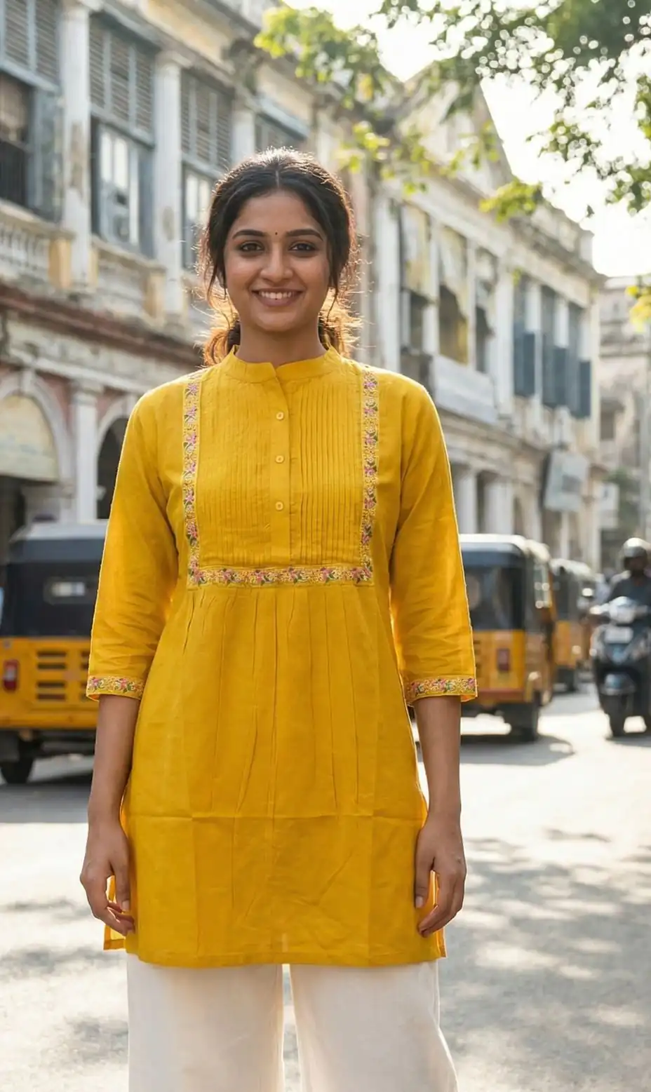 Yellow Rayon Multi Embroidery Work Kurti