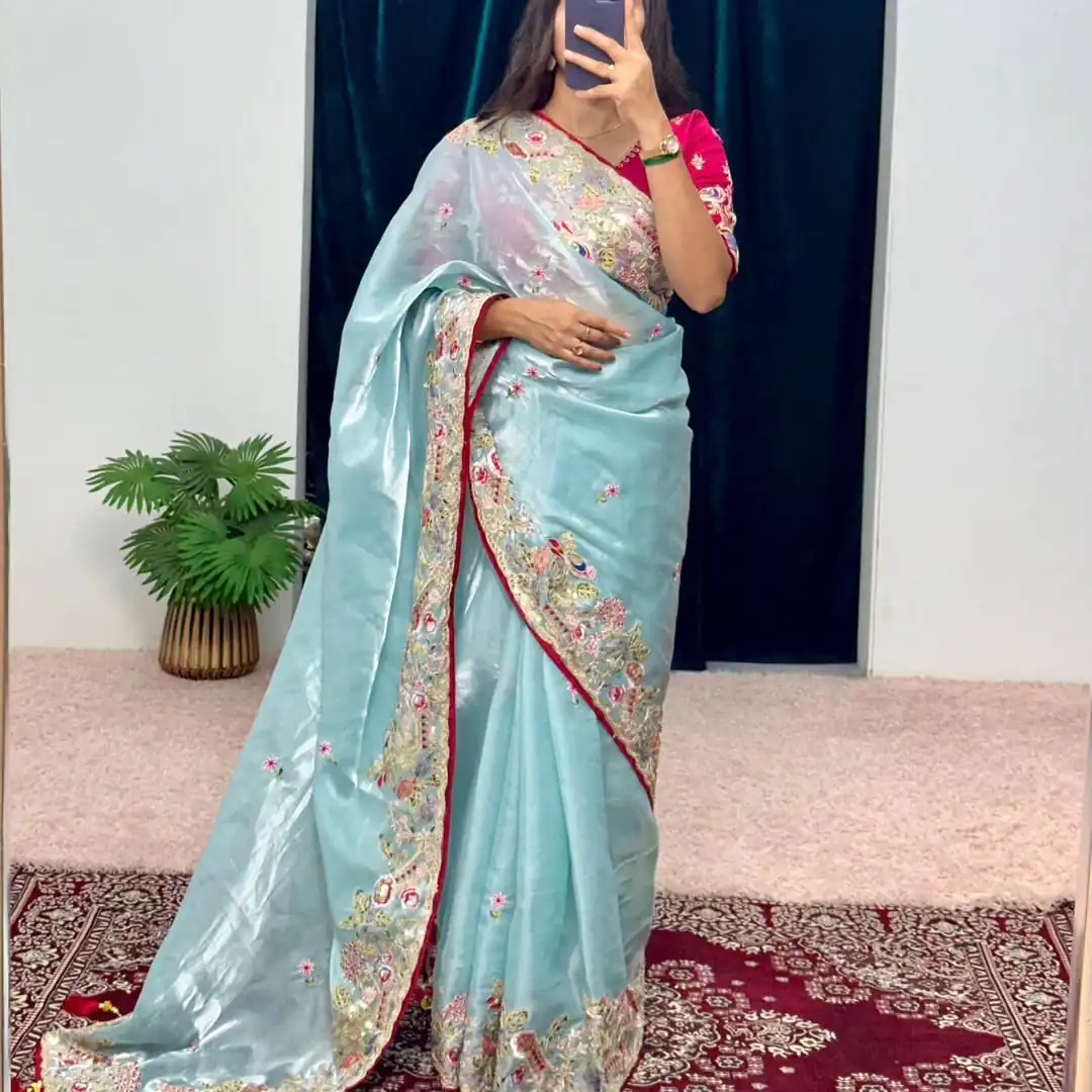 Sky Blue Organza Silk Embroidery Cut Work Saree