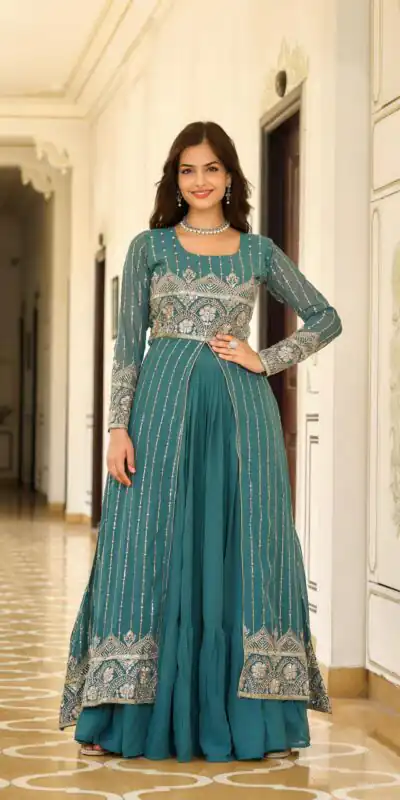 Teal Fox Georgette Embroidery Work Lehenga Choli