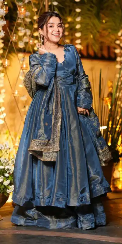 Blue Cosmos Silk Lace Embroidery Work Gown