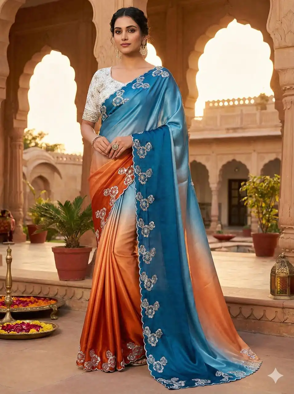 Orange Chinon Embroidery Work Saree