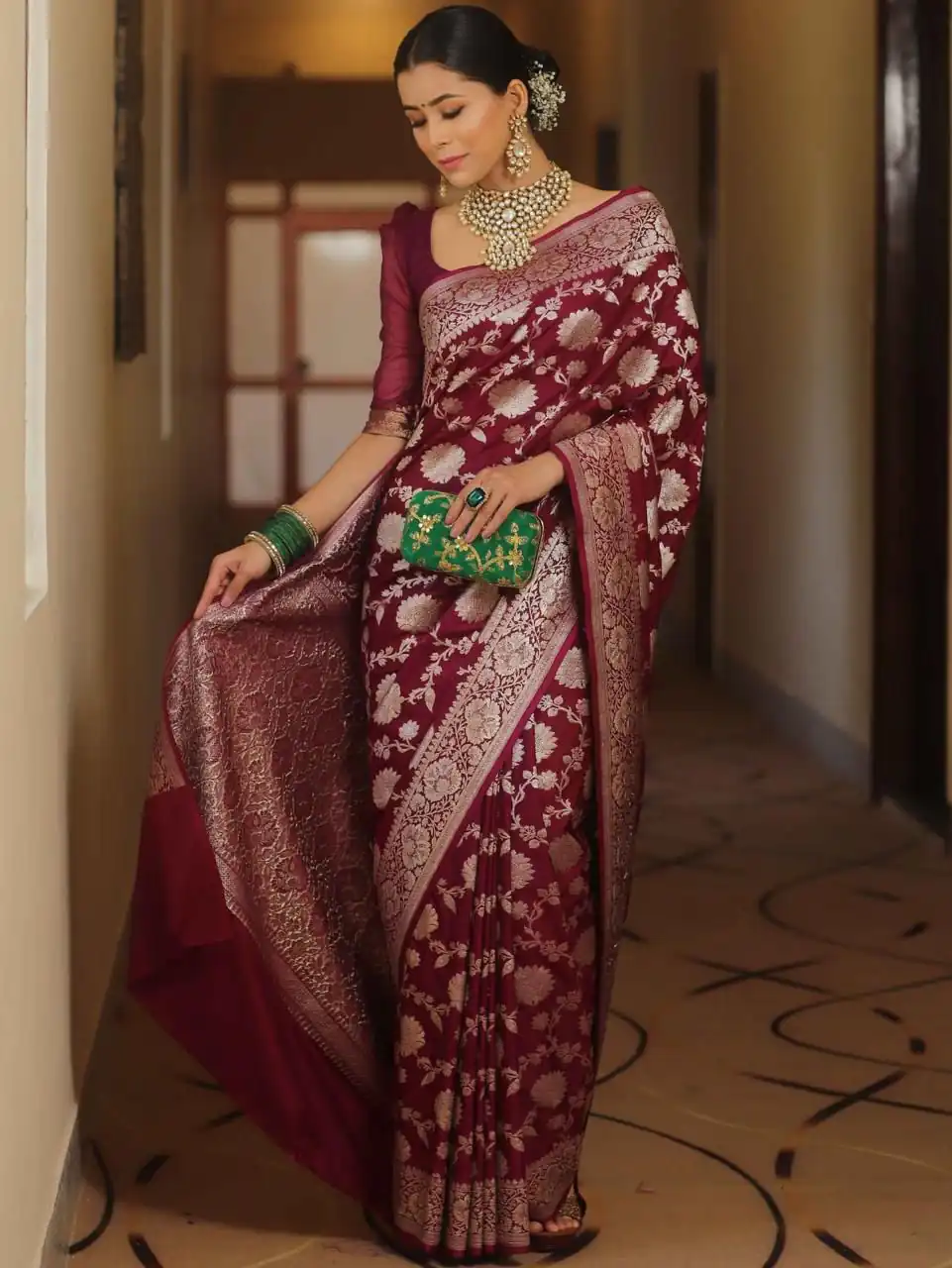 Maroon Soft Lichi Silk All Over Work Saree - Image 3