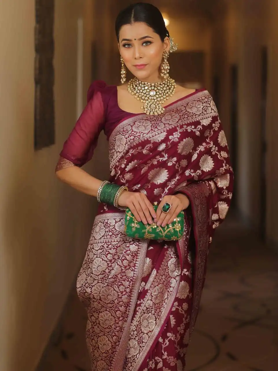 Maroon Soft Lichi Silk All Over Work Saree - Image 4