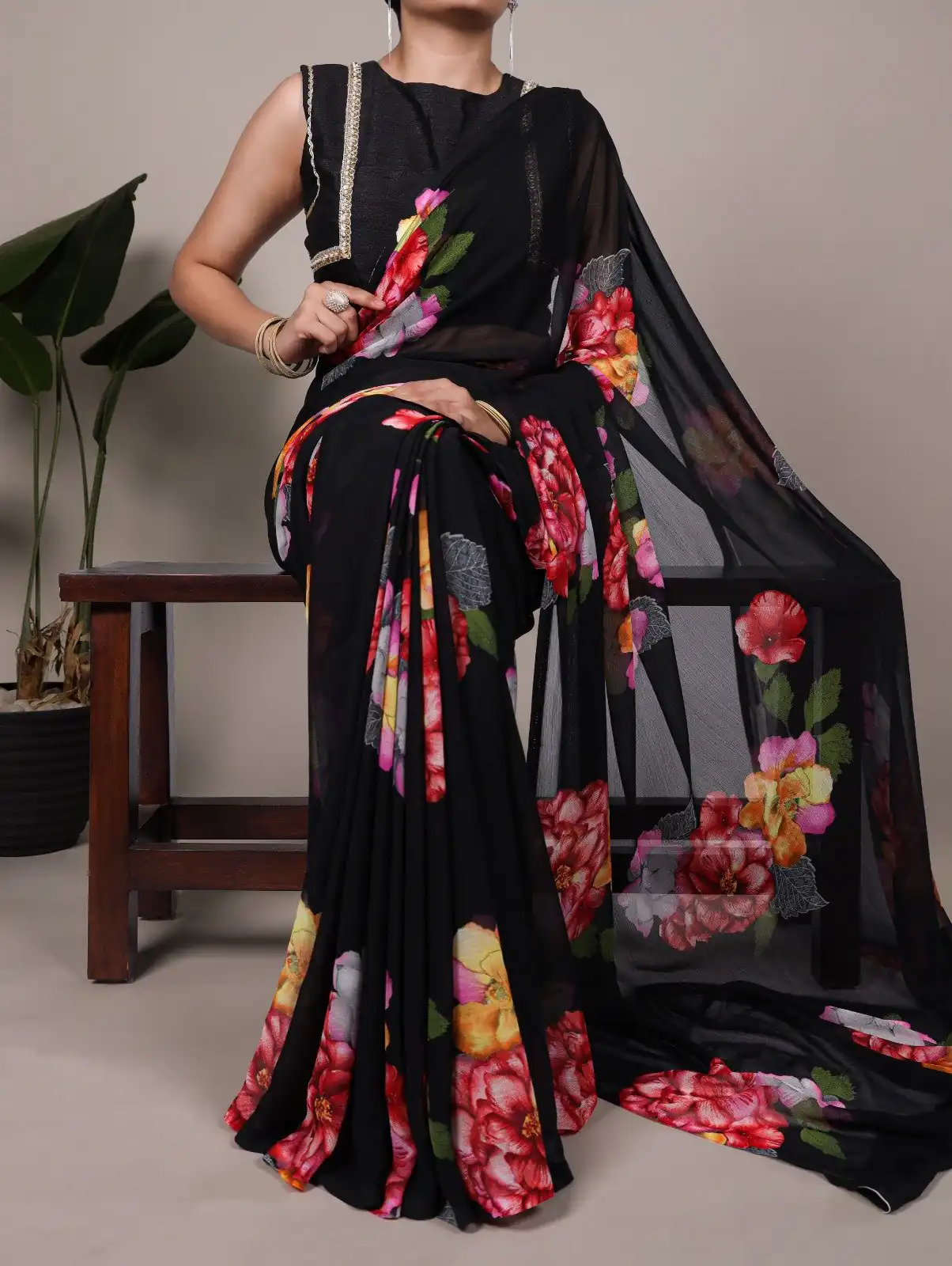 Black Chiffon Lace Work Saree