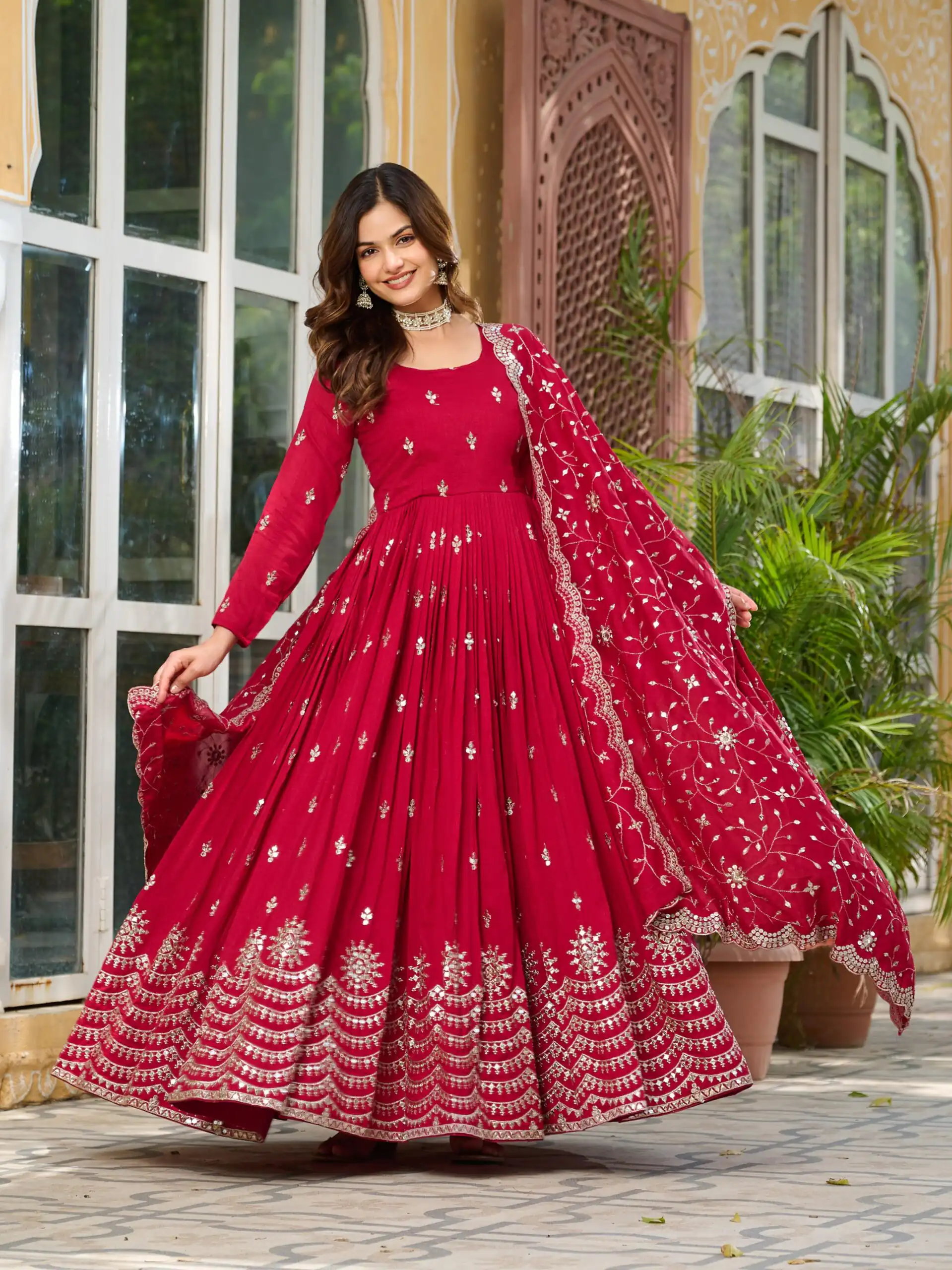 Red Vichitra Silk Embroidery Work Gown