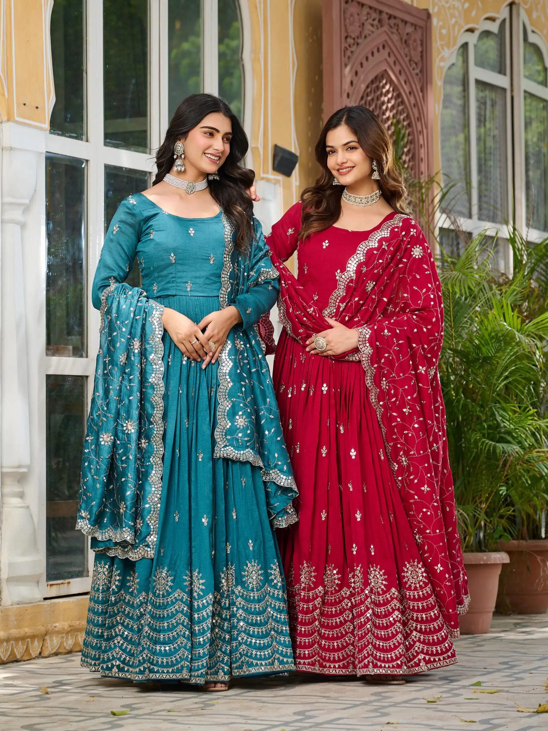 Red Vichitra Silk Embroidery Work Gown - Image 4