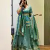 Sea Green Chinon Silk Cut Work Lehenga Choli