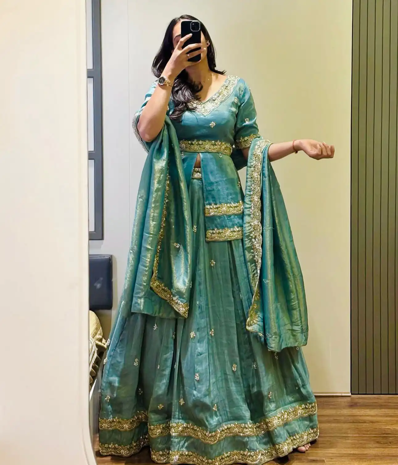 Sea Green Chinon Silk Cut Work Lehenga Choli