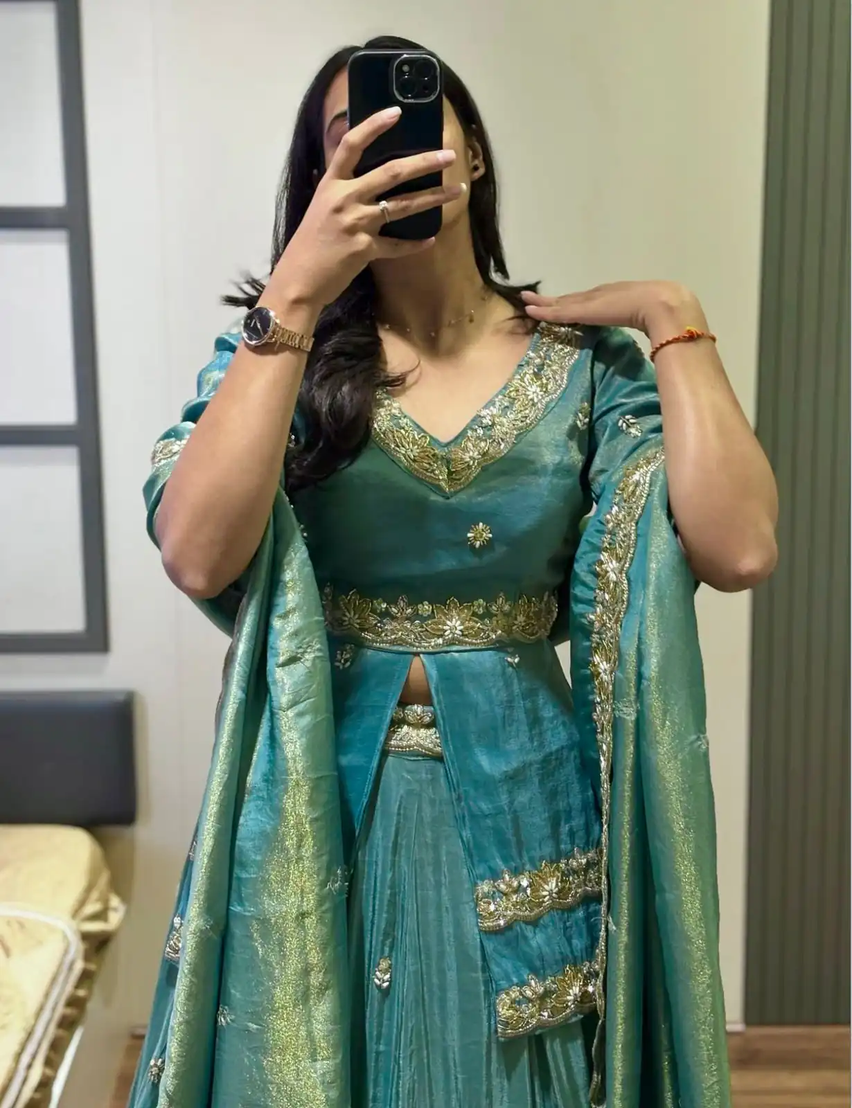 Sea Green Chinon Silk Cut Work Lehenga Choli - Image 2