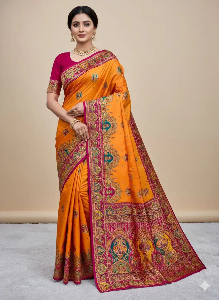 Yellow Paithani Silk Border Lace Work Saree