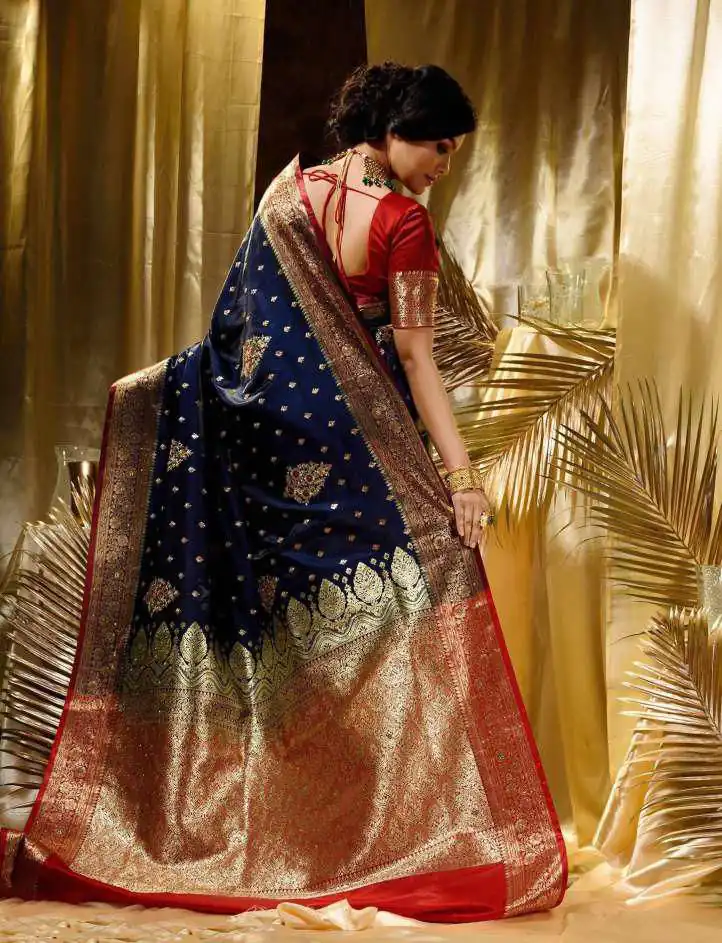 Navy Blue Soft Lichi Silk Border Work Saree - Image 2