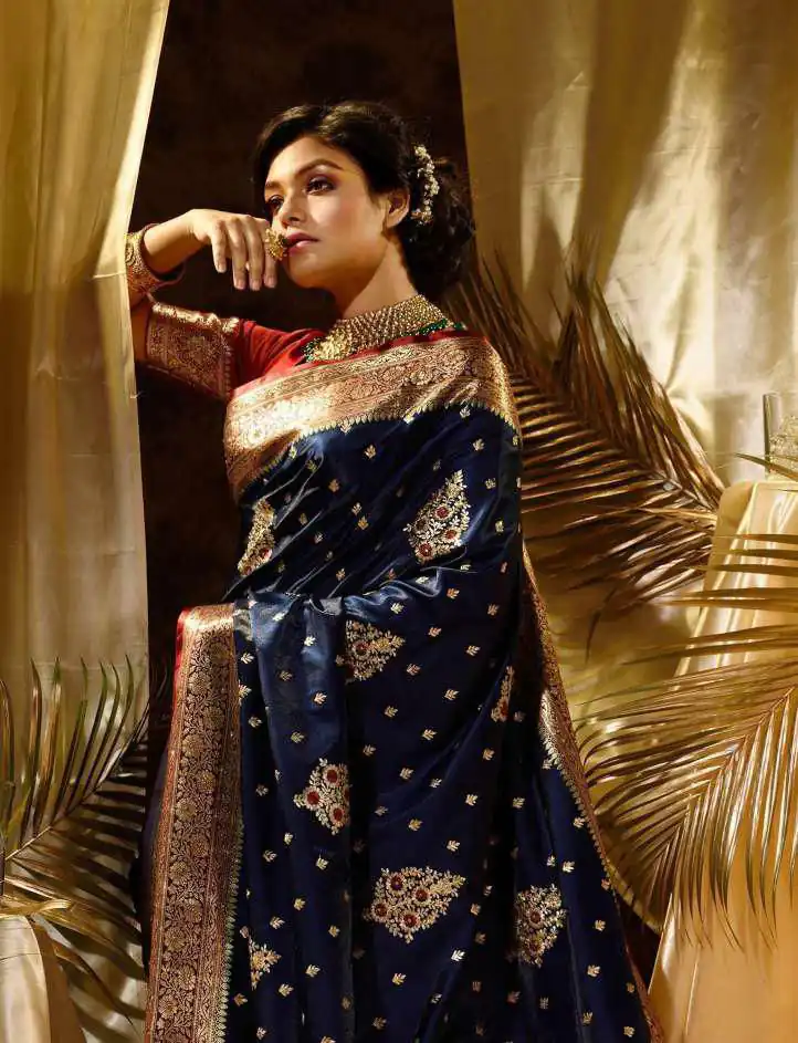 Navy Blue Soft Lichi Silk Border Work Saree - Image 3
