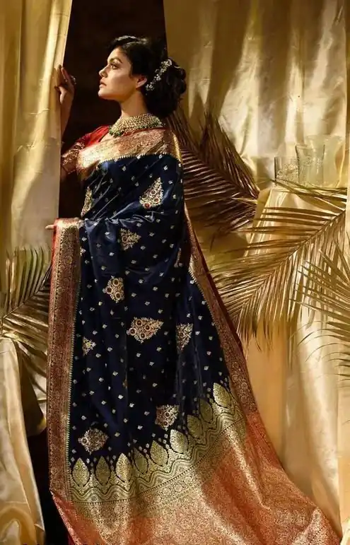 Navy Blue Soft Lichi Silk Border Work Saree - Image 4