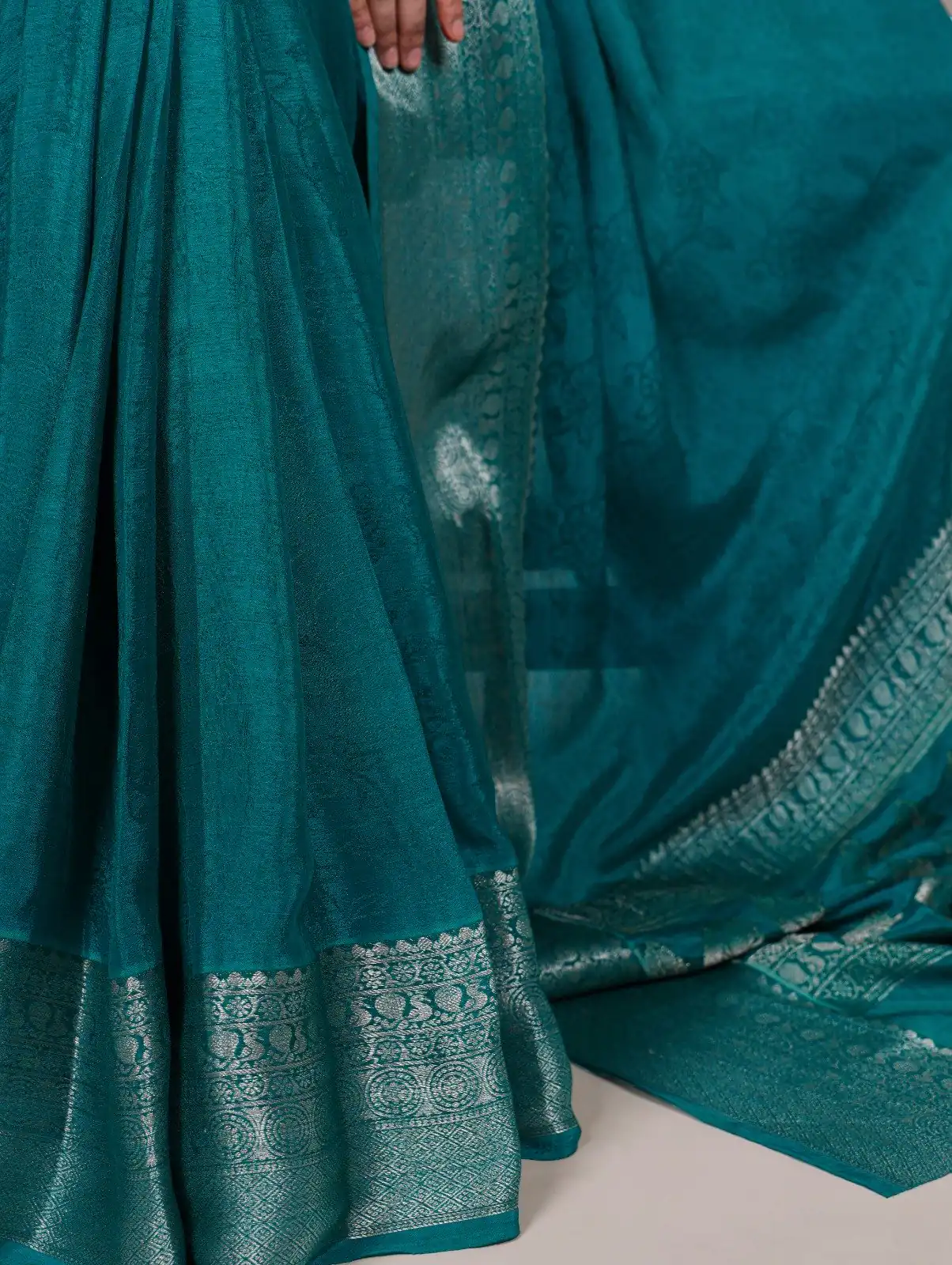 Teal Chinon Zari Weaving Work Saree - Image 3