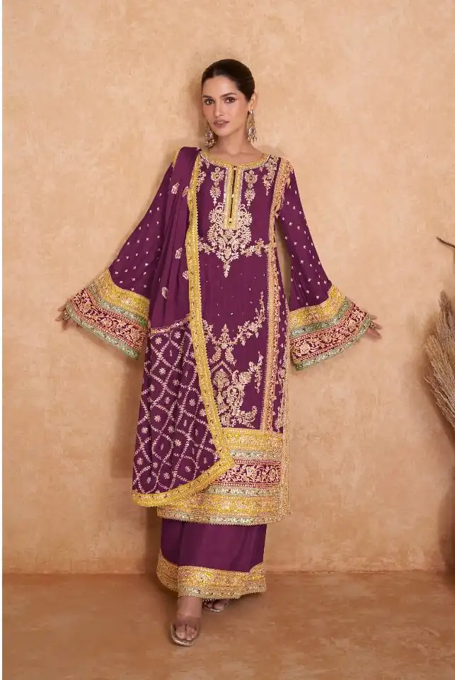 Wine Chinon Embroidery Work Salwar Suit