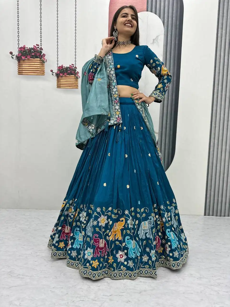 Peacock Blue Vichitra Silk Lace Border Work Lehenga Choli