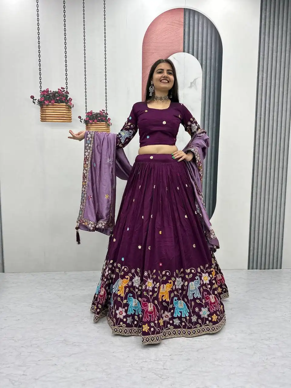 Wine Vichitra Silk Lace Border Work Lehenga Choli