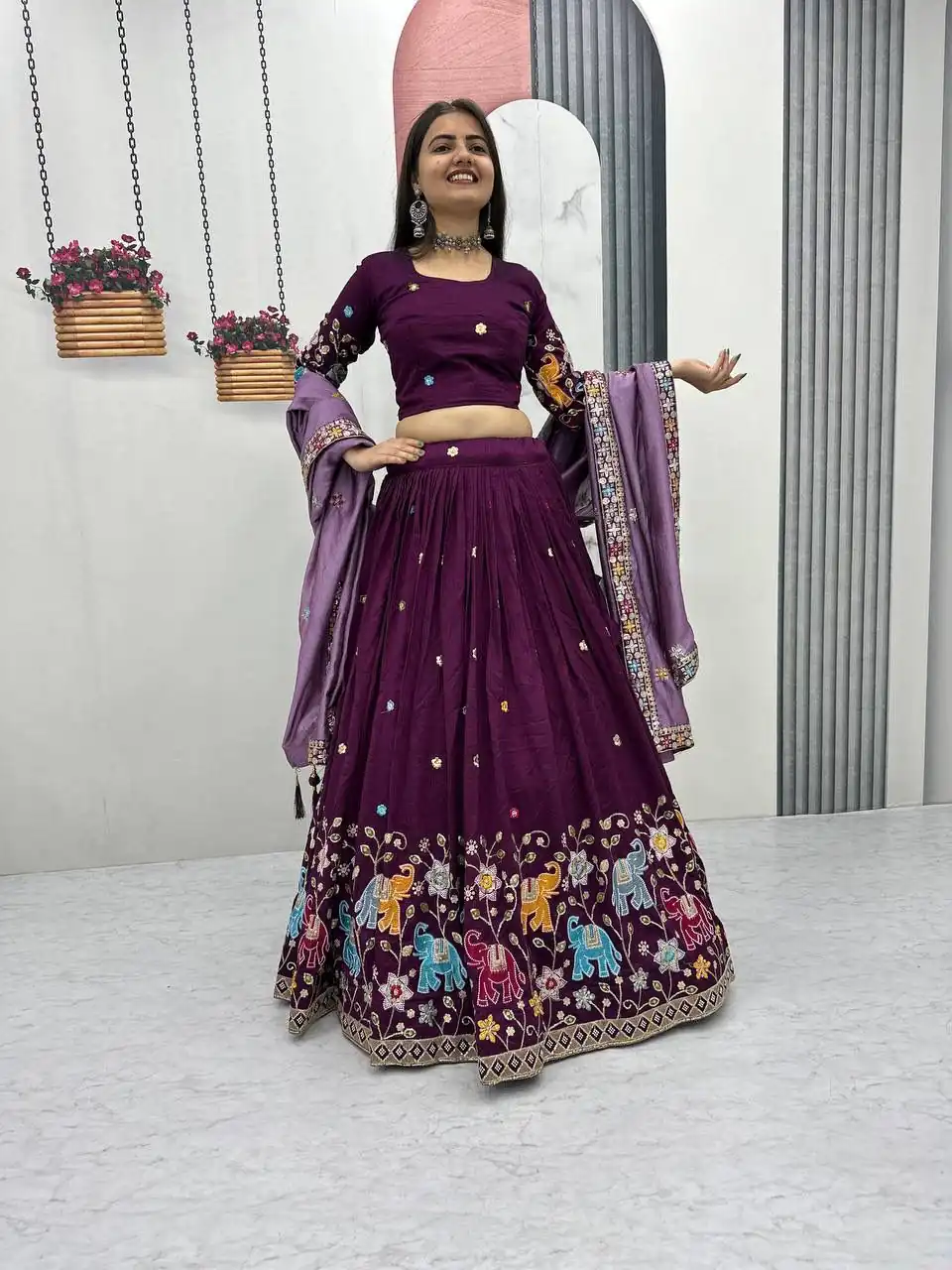 Wine Vichitra Silk Lace Border Work Lehenga Choli - Image 2