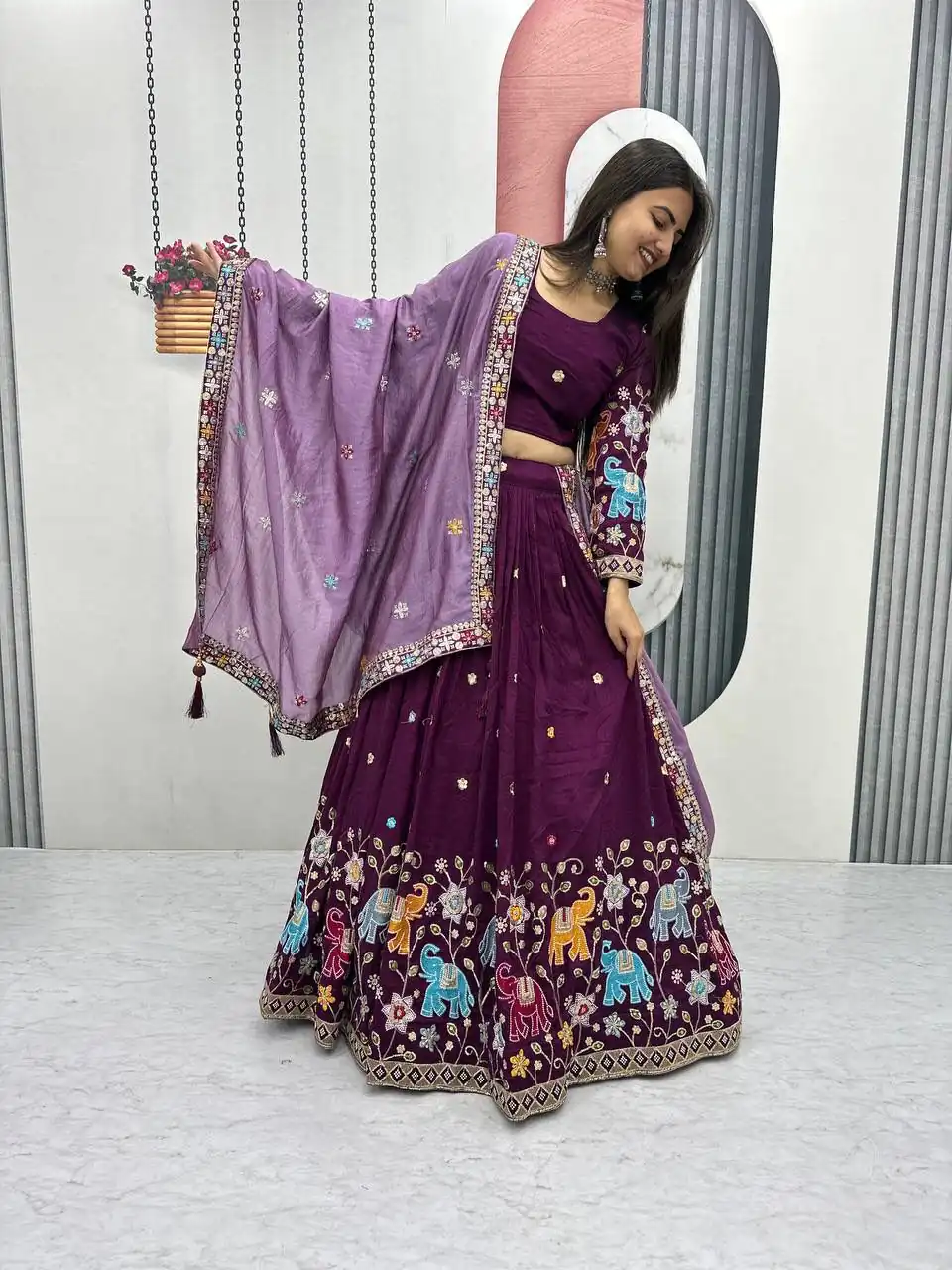 Wine Vichitra Silk Lace Border Work Lehenga Choli - Image 3