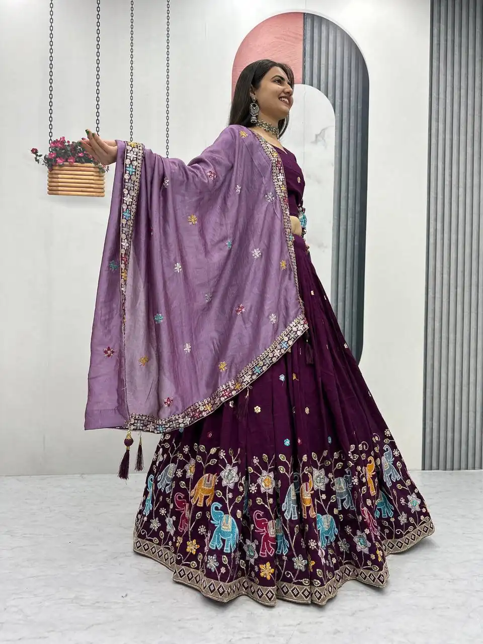 Wine Vichitra Silk Lace Border Work Lehenga Choli - Image 5