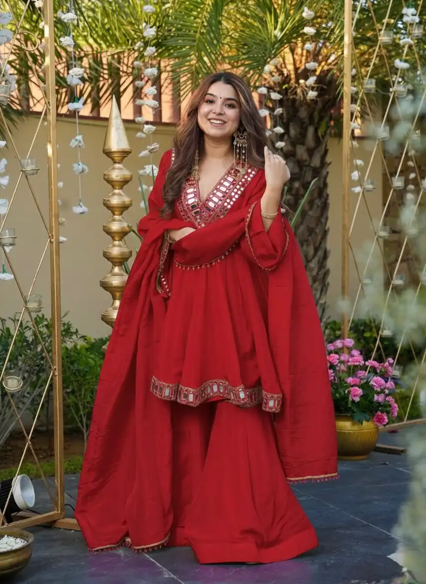 Red Cosmos Mirror Lace Work Salwar Suit