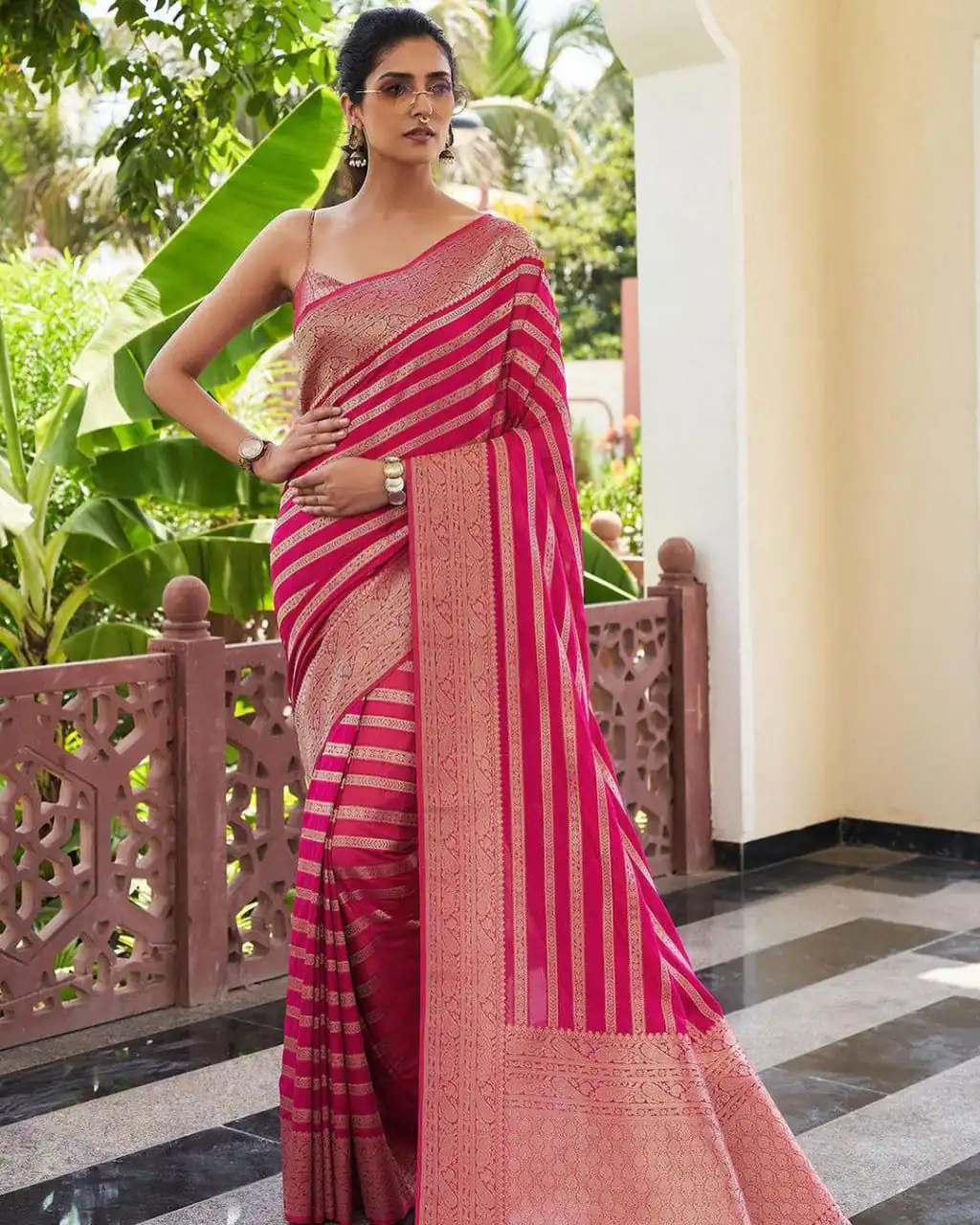 Pink Lichi Silk Lace Border Work Saree