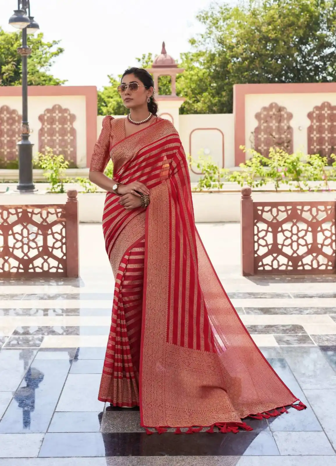 Red Lichi Silk Lace Border Work Saree - Image 3