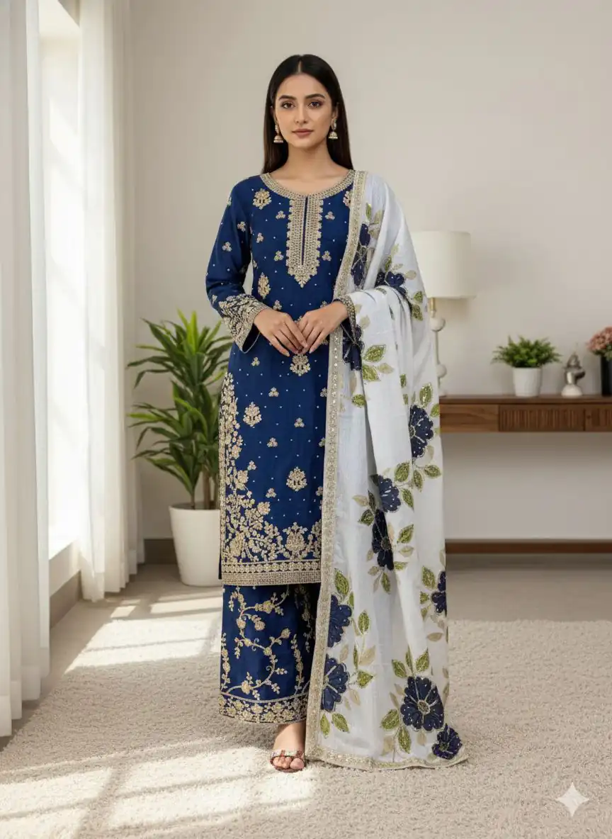 Navy Blue Organza Silk Lace Embroidery Work Salwar Suit